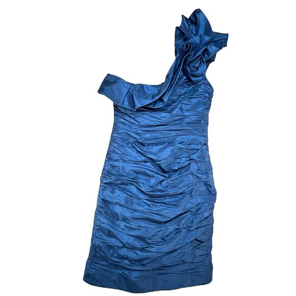 Teri Jon by Rickie Freeman Asymmetric Bodycon Mini Dress Size 2 Blue Silk HOCO - Picture 1 of 6